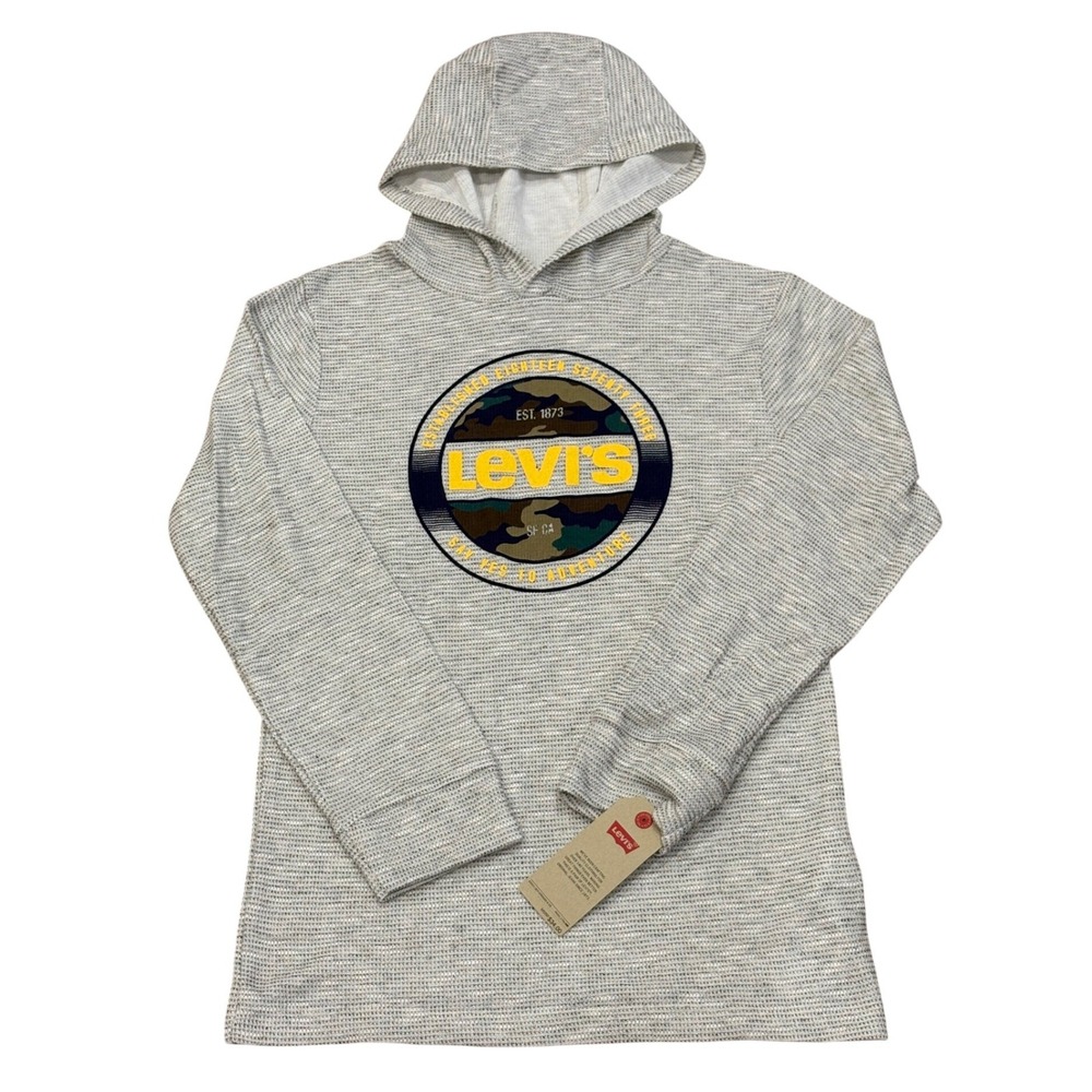 Levi's Hoodie Boys Large Gray Camo Graphic Waffle Knit Pullover